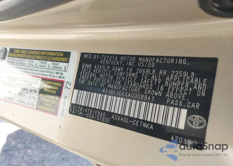 2010 Toyota Camry z USA, uszkodzony, nr VIN 4T1BF3EKXAU008941